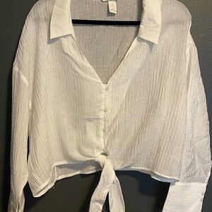 H&M Textured White Blouse w Tie Detail
